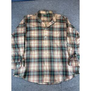 Orvis Shirt Mens 2XL Beige Green Plaid Flannel Button Up Long Sleeve Workwear